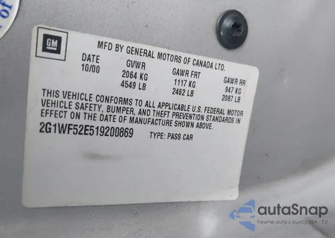 2001 Chevrolet Impala from USA, damaged, VIN 2G1WF52E519200869